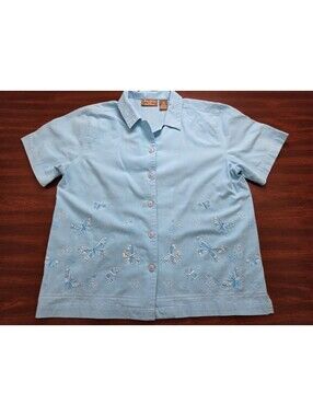 Jane Ashley PM 100% Cotton Blue Button Down Shirt Embroidered Butterflies Casual
